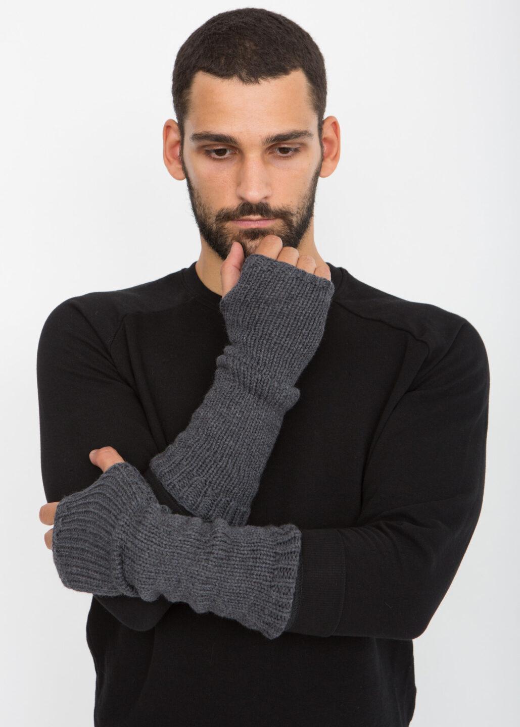 Ethically Made Men's Merino Wool Long Fingerless Gloves in Charcoal Grey