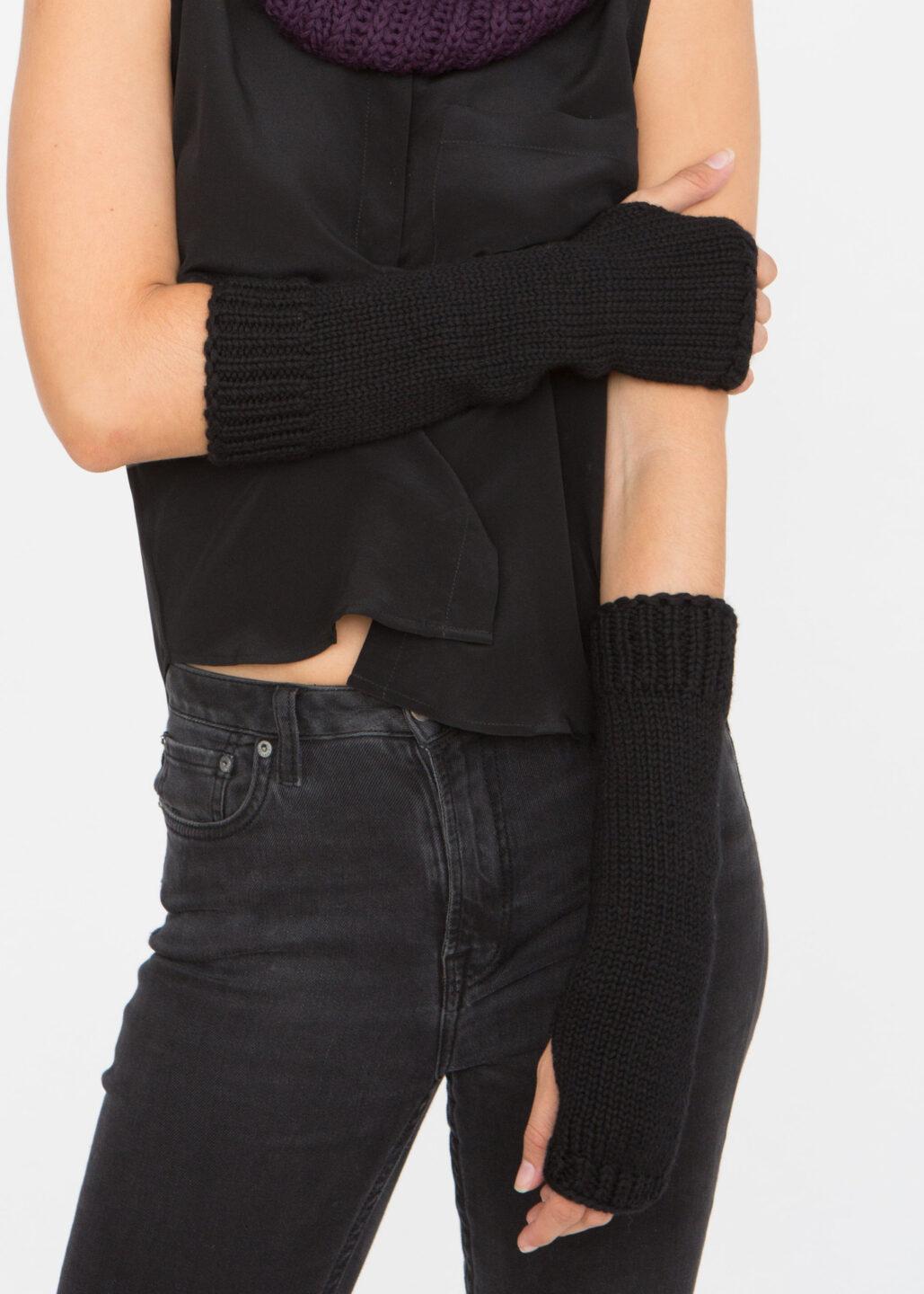 Ethically Made Merino Wool Long Fingerless Gloves in Black