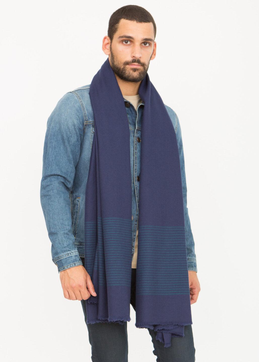 Multi-Use Merino Men's Handmade Blanket Scarf in Blue with Stripes