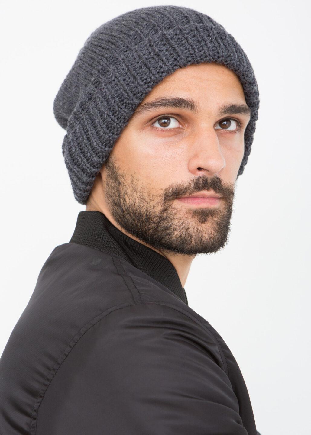 Charcoal Grey Merino Slouchy Beanie Men - Ethically Handmade