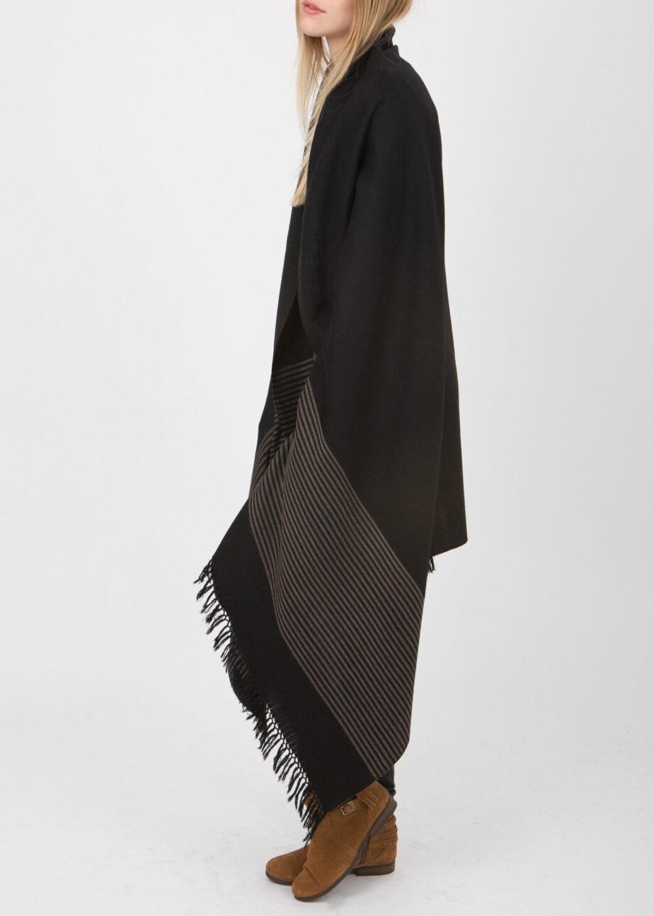 likemary oversized black blanket scarf 100 x 200 cm with striped border and hand-knotted fringing, handwoven in soft merino wool