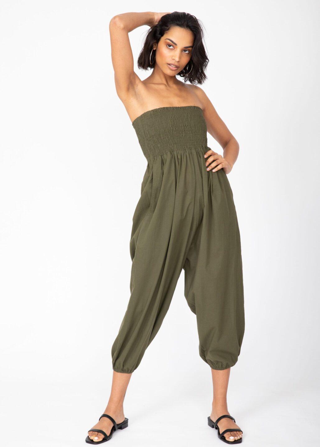 2 in 1 Cotton Harem Trouser or Bandeau Jumpsuit Khaki