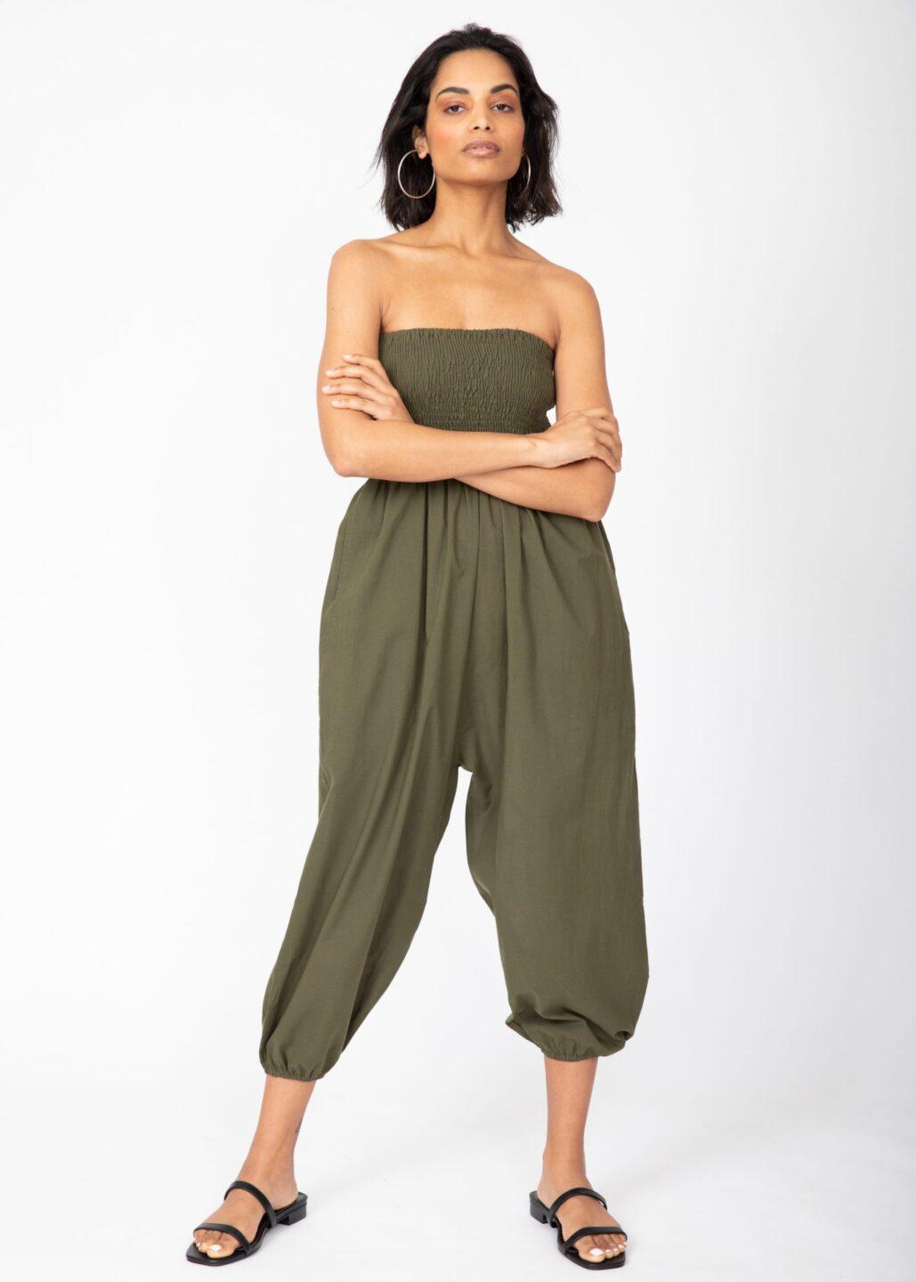 2 in 1 Cotton Harem Trouser or Bandeau Jumpsuit Khaki