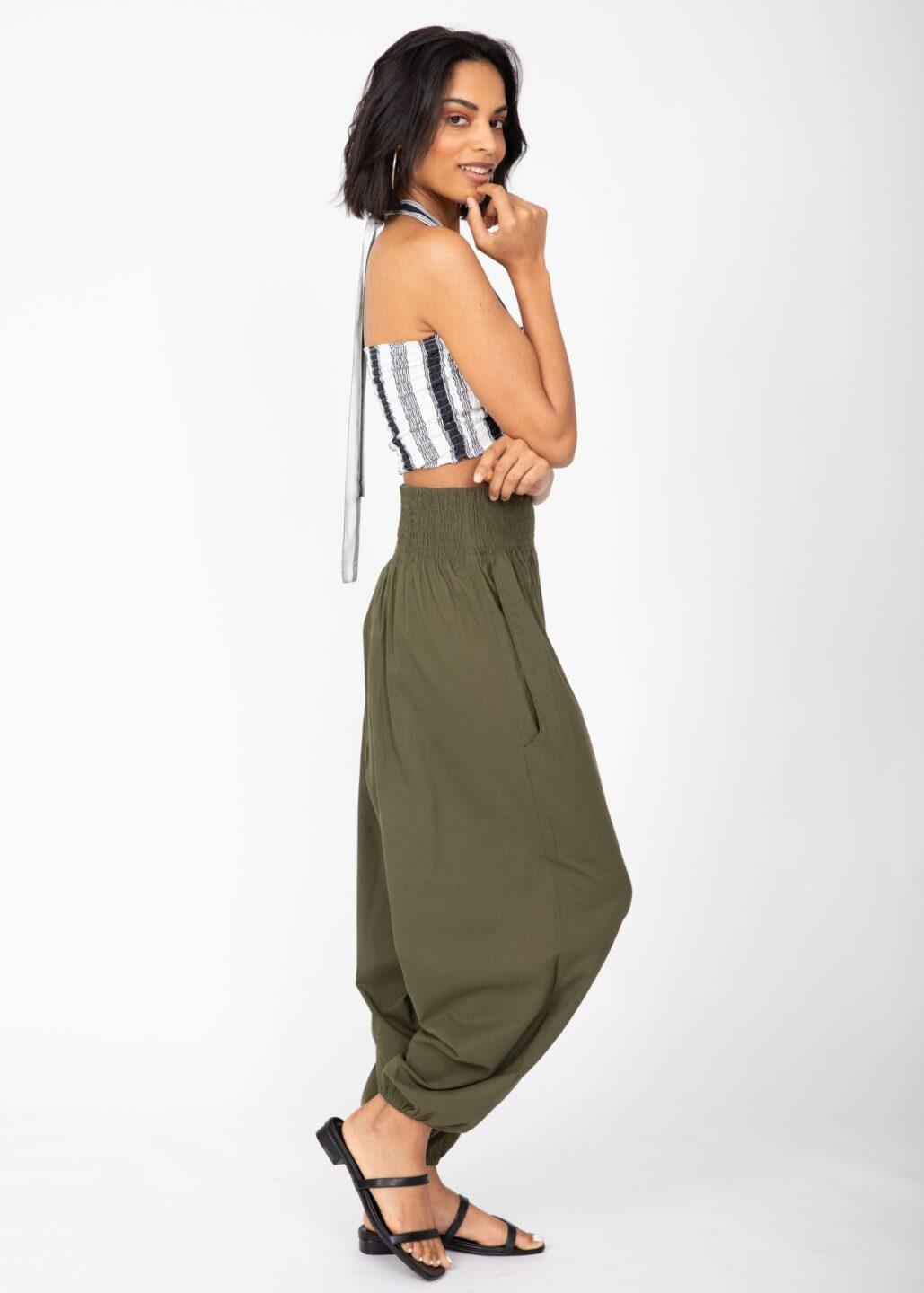 2 in 1 Cotton Harem Trouser or Bandeau Jumpsuit Khaki