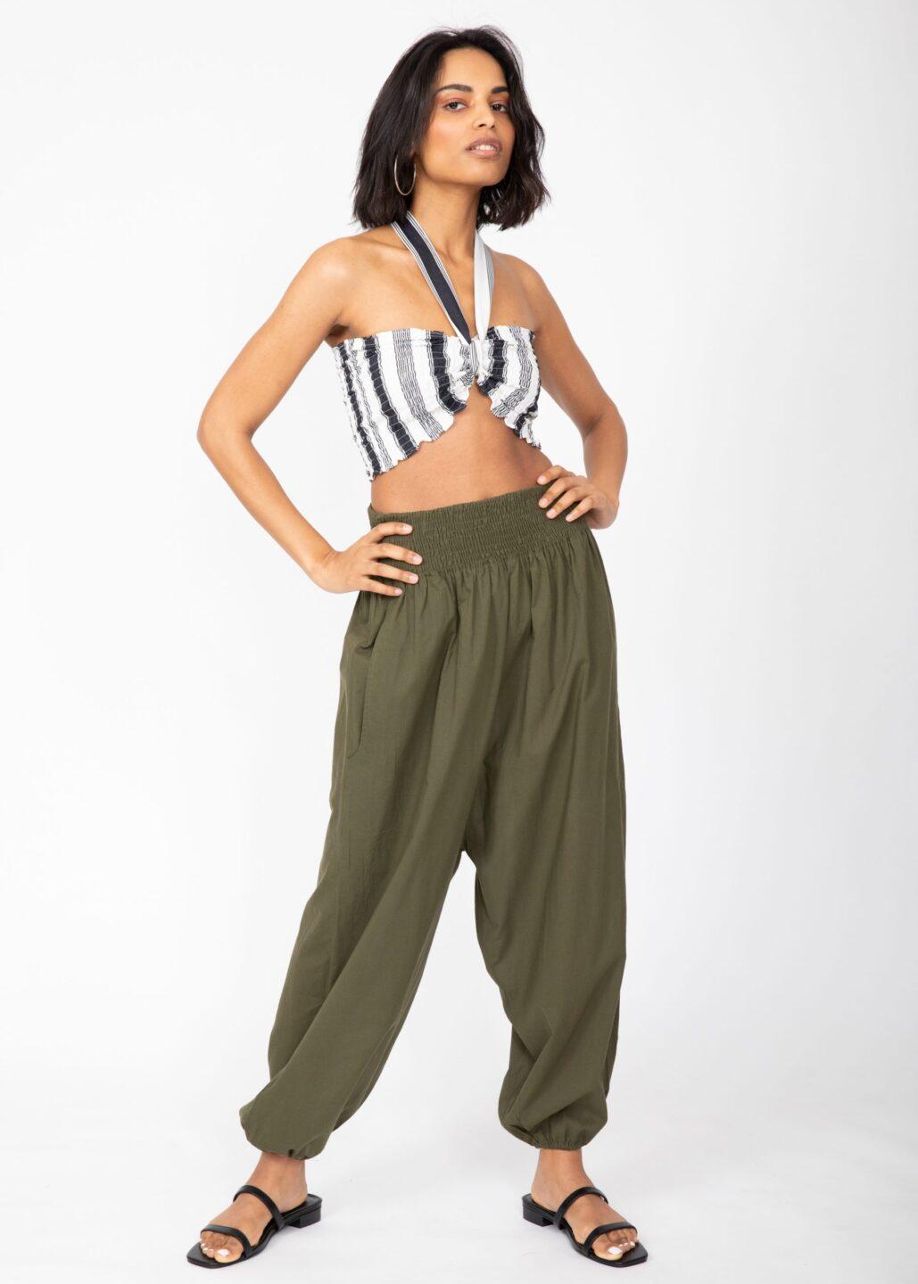 2 in 1 Cotton Harem Trouser or Bandeau Jumpsuit Khaki