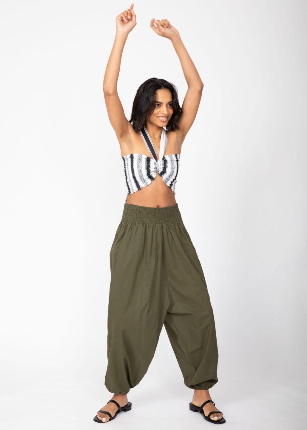 2 in 1 Cotton Harem Trouser or Bandeau Jumpsuit Khaki