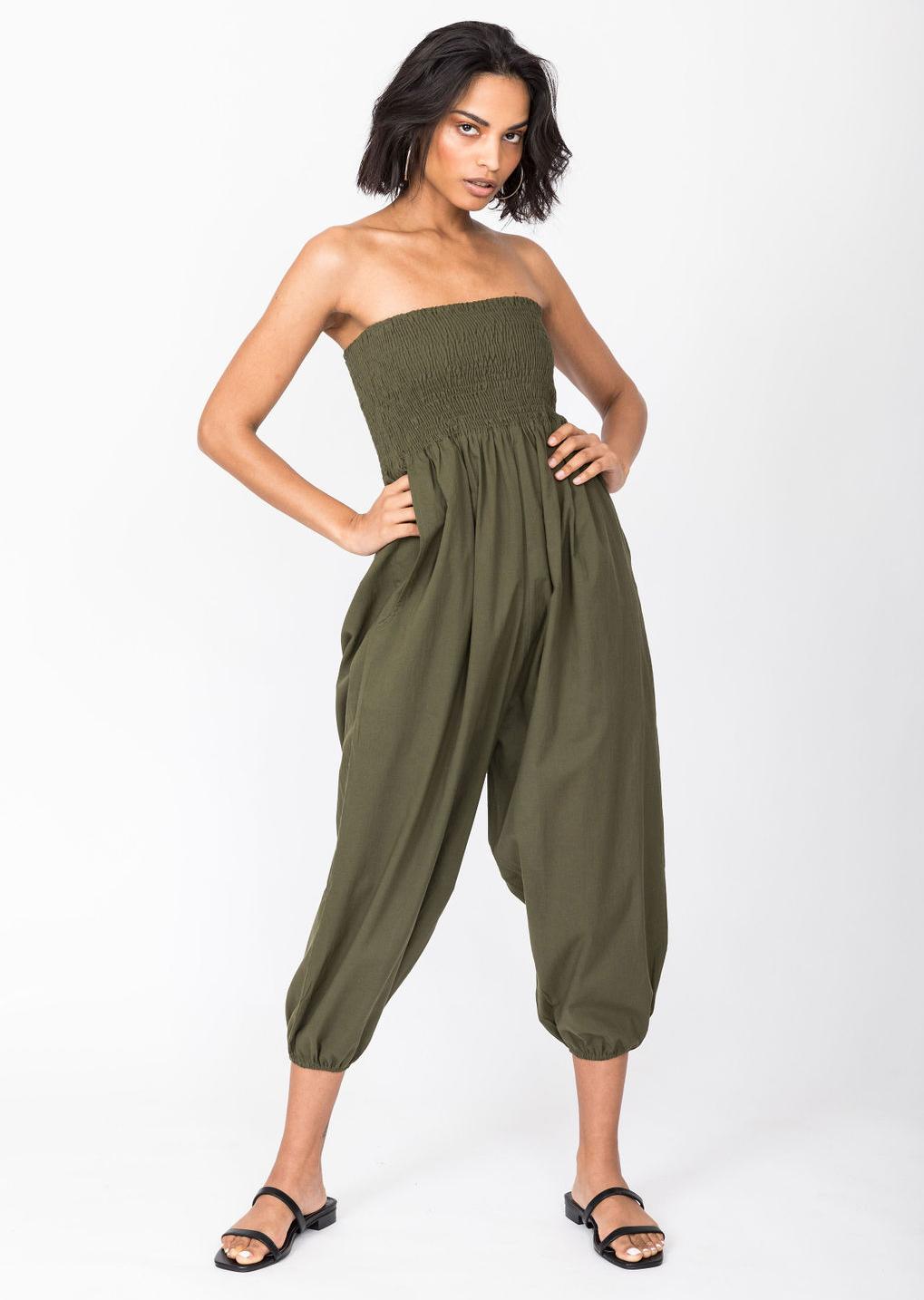 2 in 1 Cotton Harem Trouser or Bandeau Jumpsuit Khaki