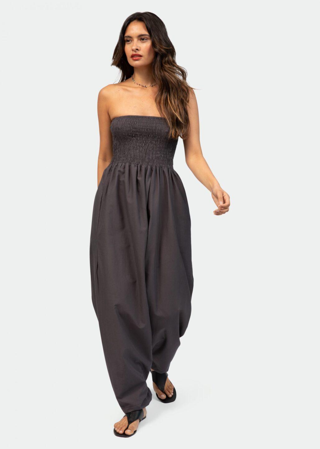 2 in 1 Cotton Maxi Harem Trouser and Bandeau Jumpsuit Grey