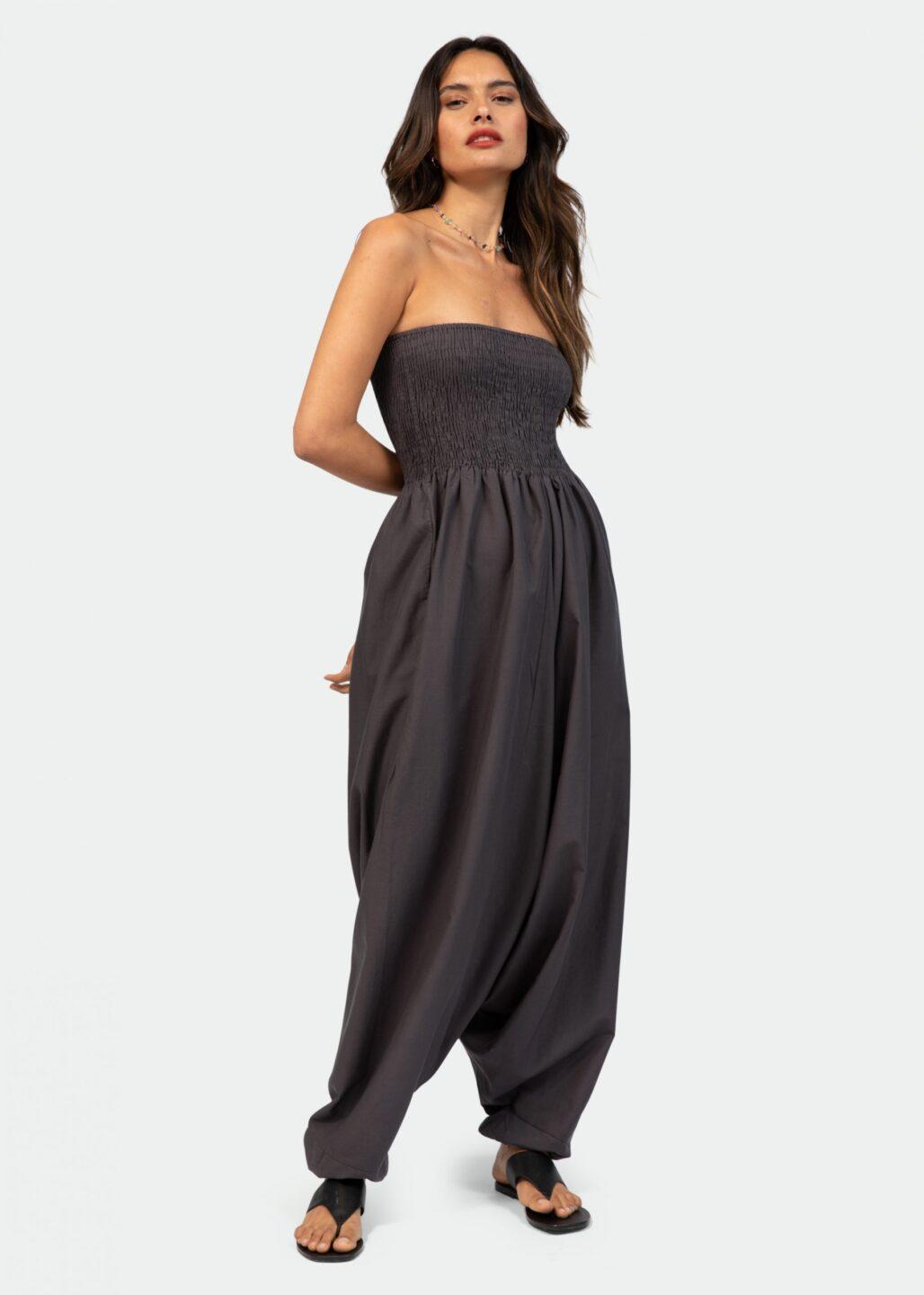 2 in 1 Cotton Maxi Harem Trouser and Bandeau Jumpsuit Grey