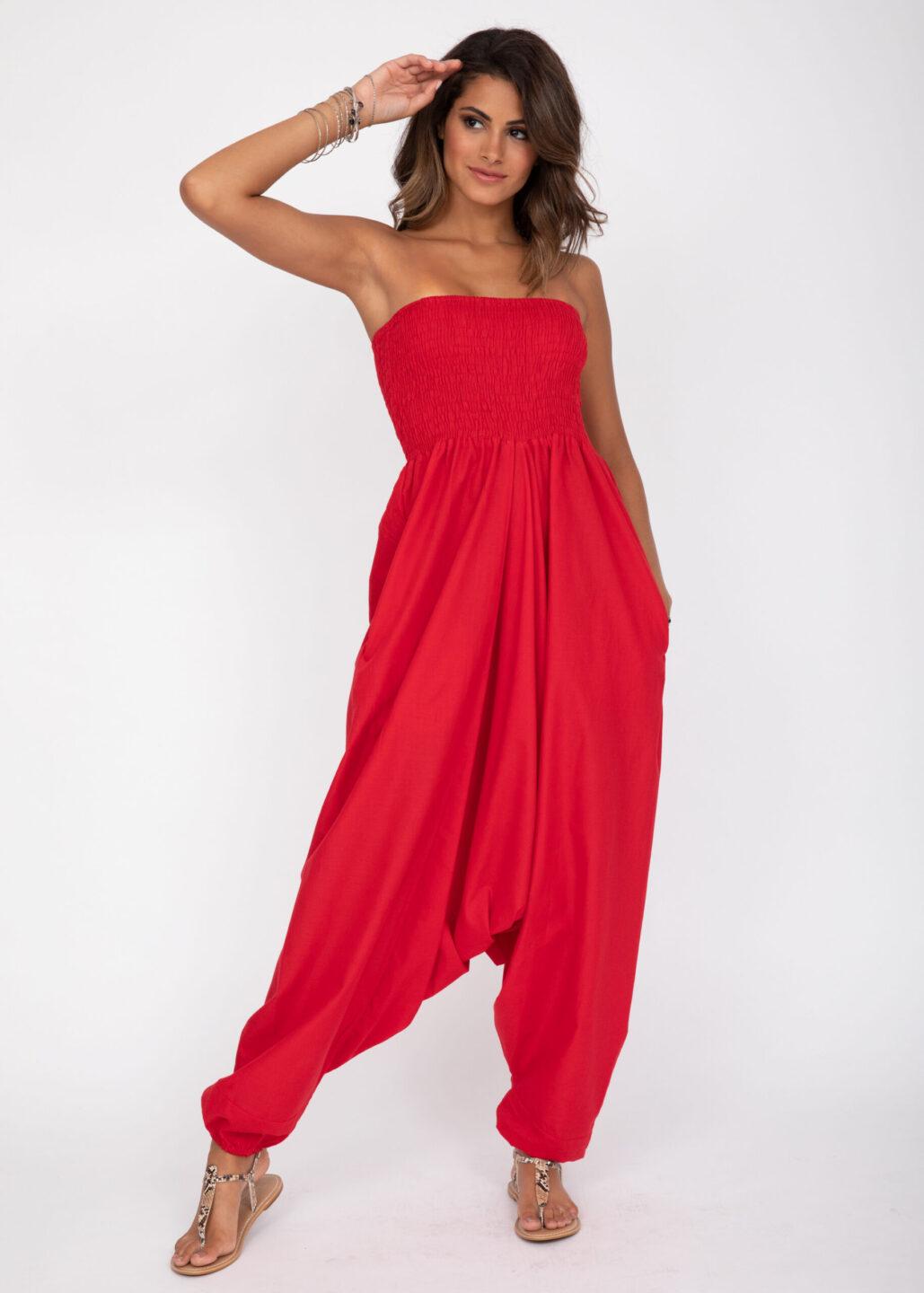 2 in 1 Cotton Maxi Harem Trouser and Bandeau Jumpsuit Red