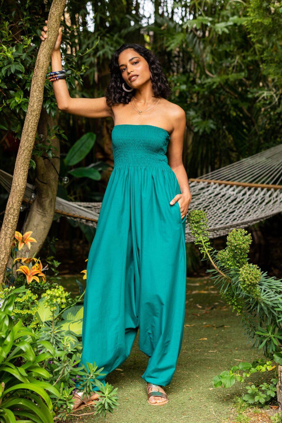 2 in 1 Cotton Maxi Harem Trouser Jumpsuit Emerald