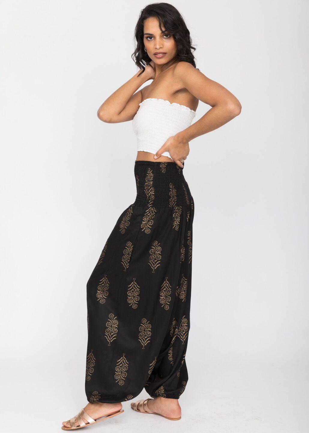 2 in 1 Harem Trousers and Bandeau Jumpsuit Black and Gold