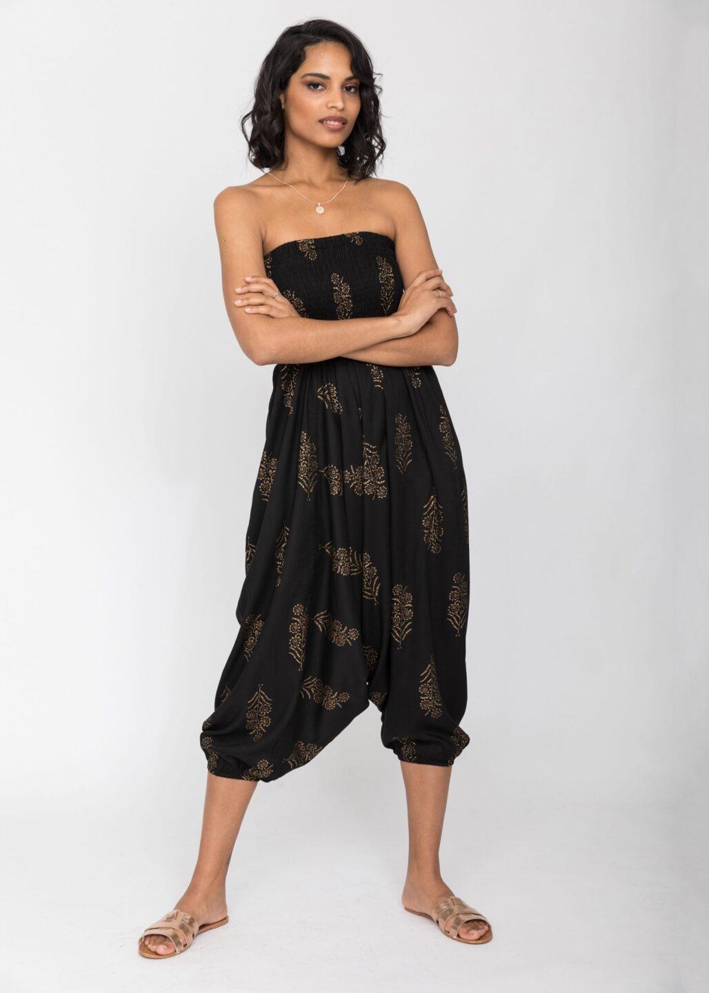 2 in 1 Harem Trousers and Bandeau Jumpsuit Black and Gold