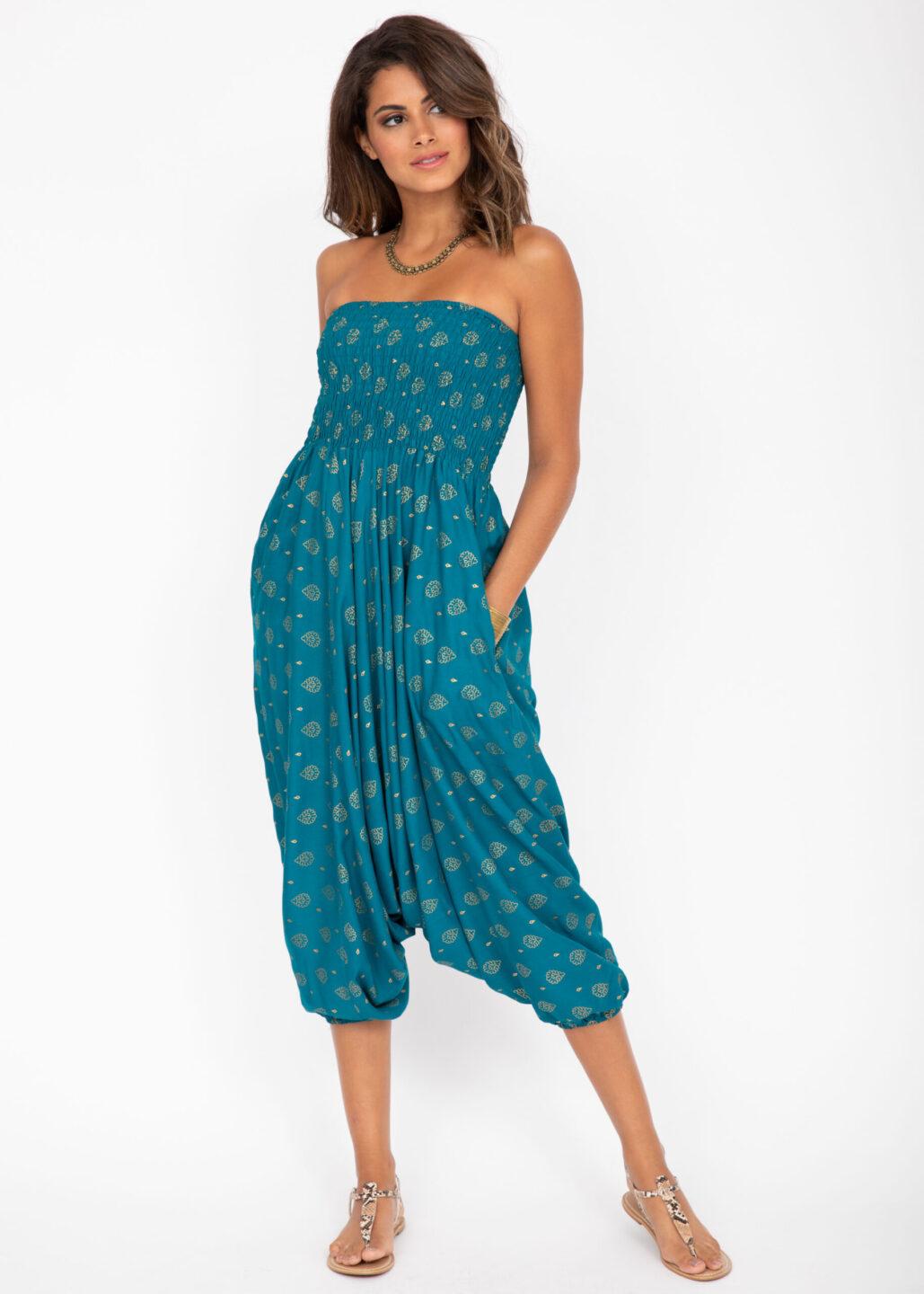 2 in 1 Harem Trousers and Bandeau Jumpsuit Roses Print