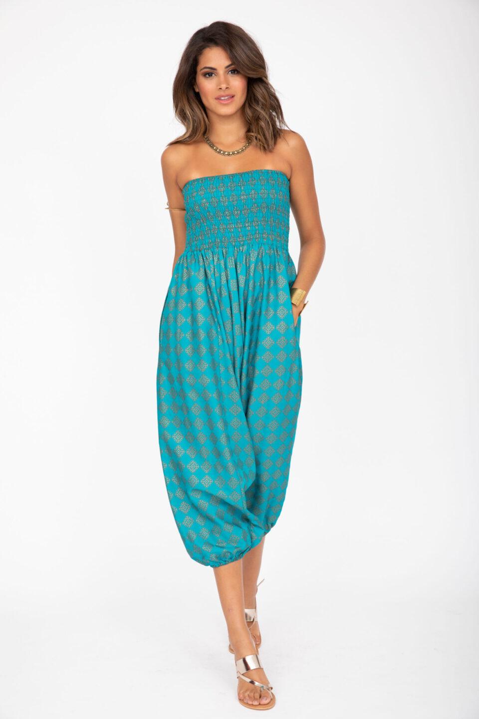 2 in 1 Harem Trousers and Bandeau Jumpsuit Turquoise and Gold Applique