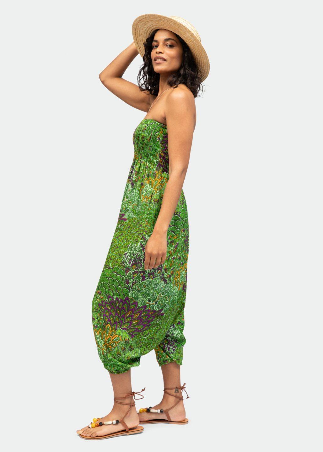 2 in 1 Harem Trousers/Bandeau Jumpsuit in Green Peacock Print