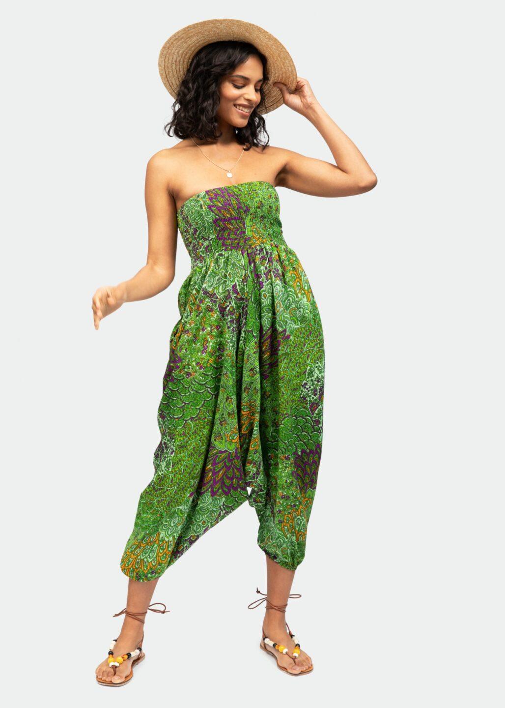 2 in 1 Harem Trousers/Bandeau Jumpsuit in Green Peacock Print