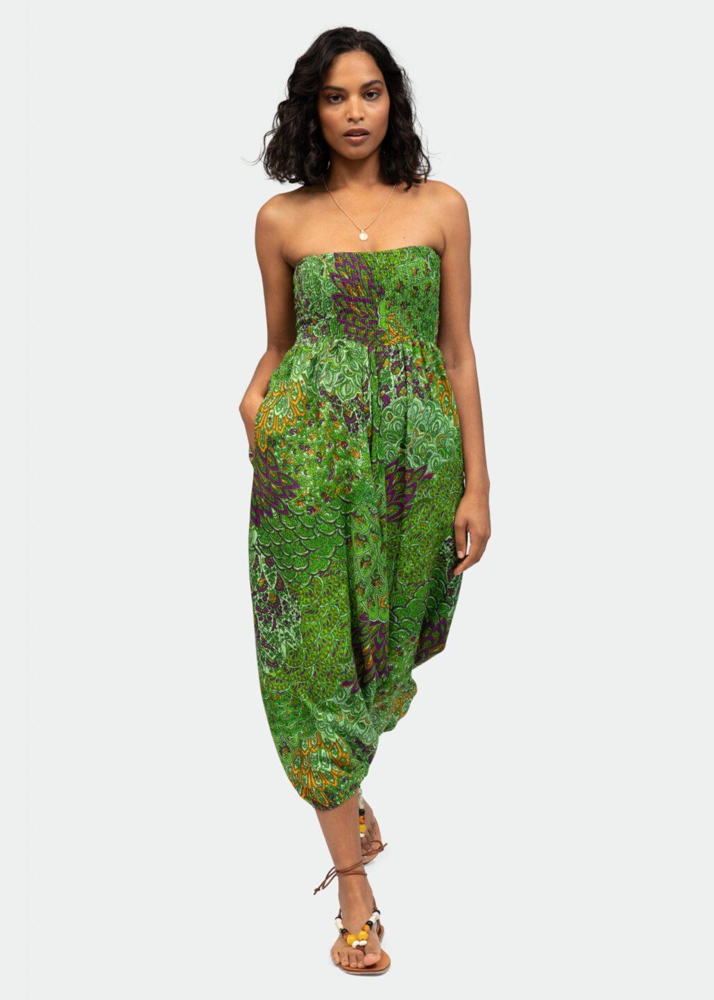 2 in 1 Harem Trousers/Bandeau Jumpsuit in Green Peacock Print