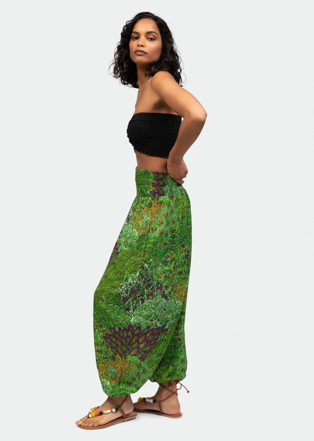 2 in 1 Harem Trousers/Bandeau Jumpsuit in Green Peacock Print