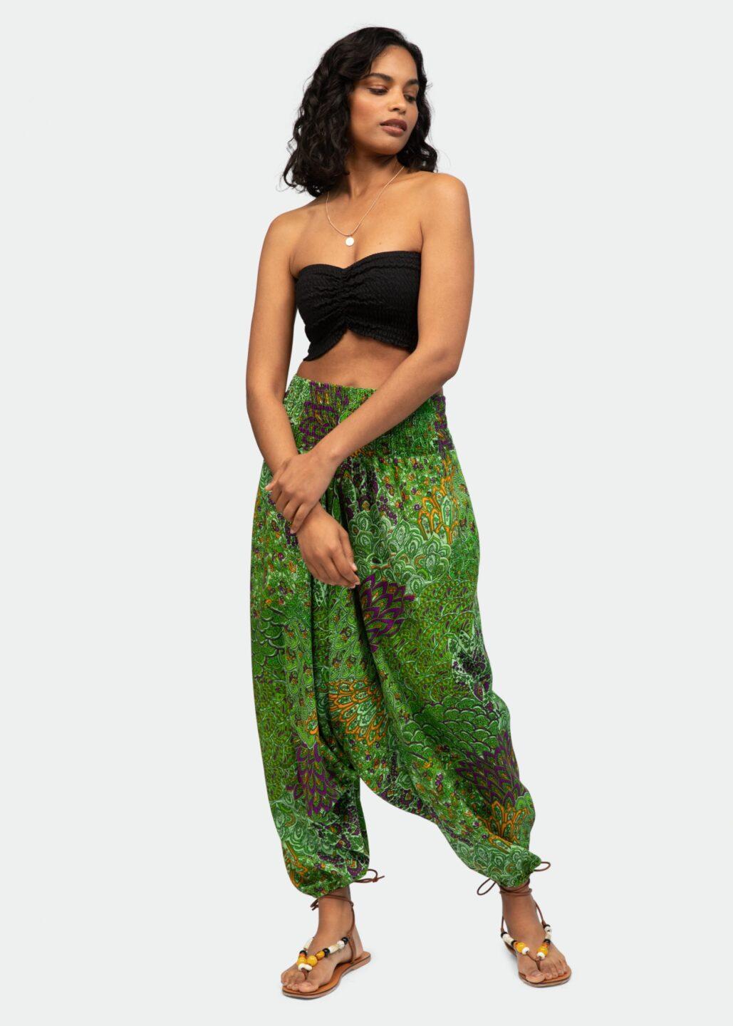 2 in 1 Harem Trousers/Bandeau Jumpsuit in Green Peacock Print