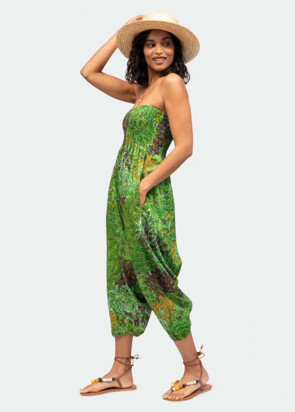 2 in 1 Harem Trousers/Bandeau Jumpsuit in Green Peacock Print