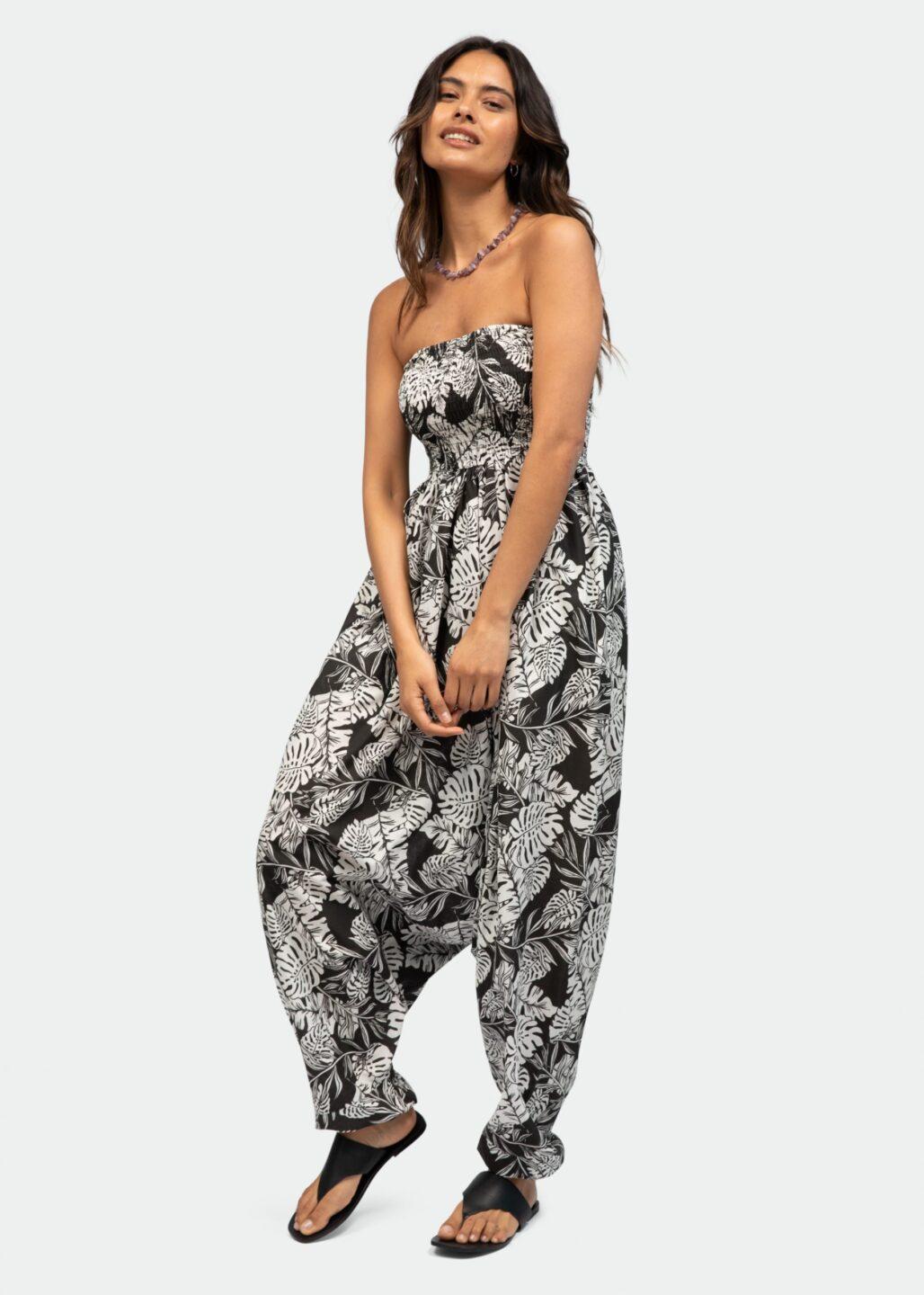 2 in 1 Maxi Harem Pants and Jumpsuit in Leaves Print