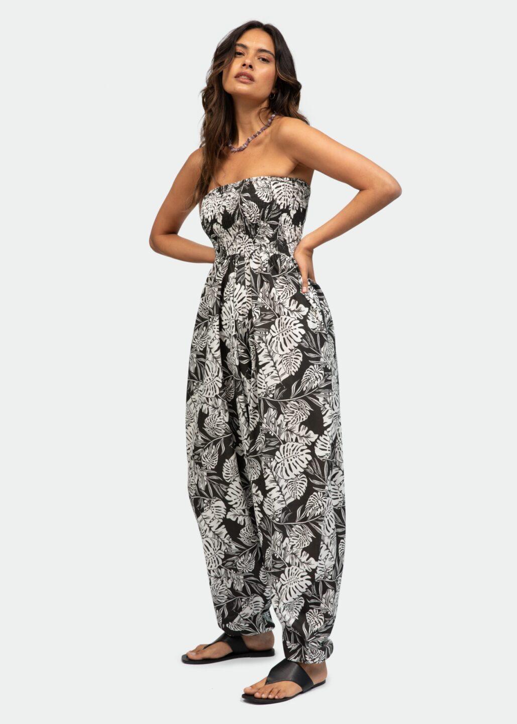 2 in 1 Maxi Harem Pants and Jumpsuit in Leaves Print