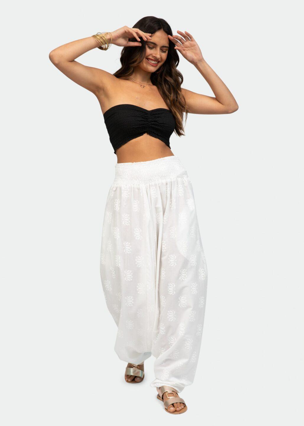 2 in 1 Maxi Harem Pants and Jumpsuit with Lotus Flower Motif