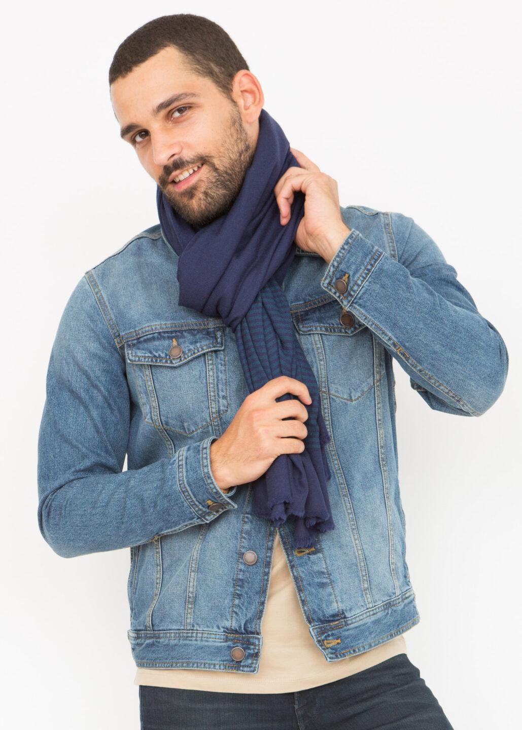 Multi-Use Merino Men's Handmade Blanket Scarf in Blue with Stripes