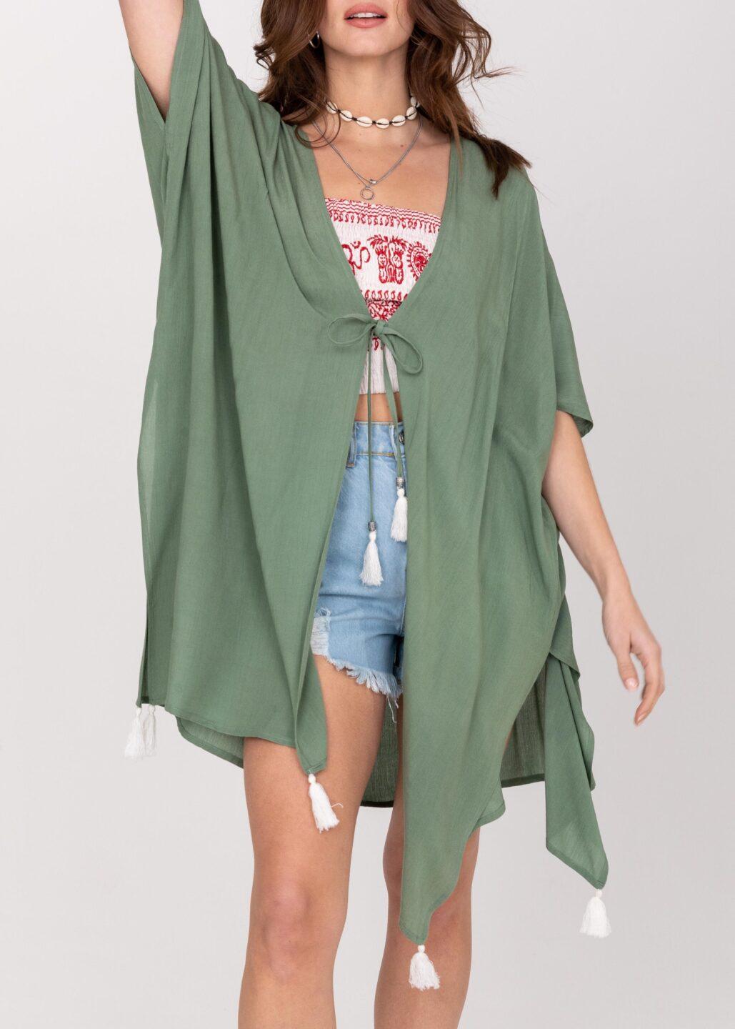 Kimono Beach Cover Up in Verona Green with White Tassels