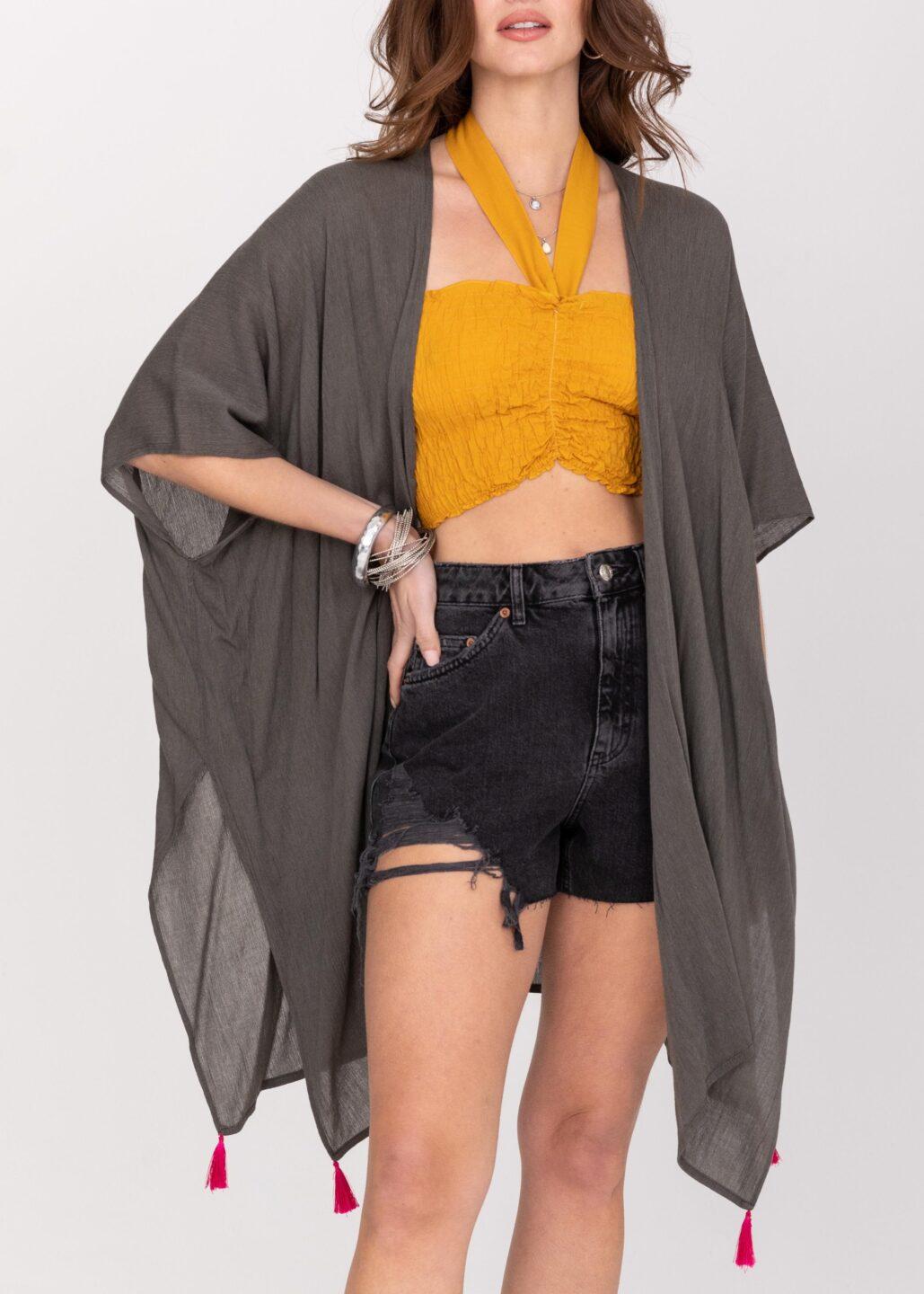 Kimono Beach Cover Up in Grey with Hot Pink Tassels