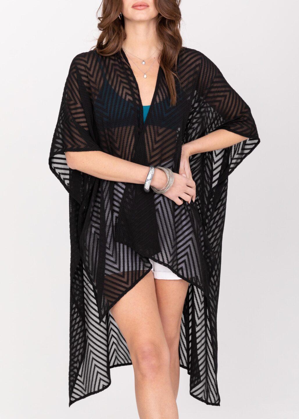 High-Low Sheer Zig-Zag Kimono in Black