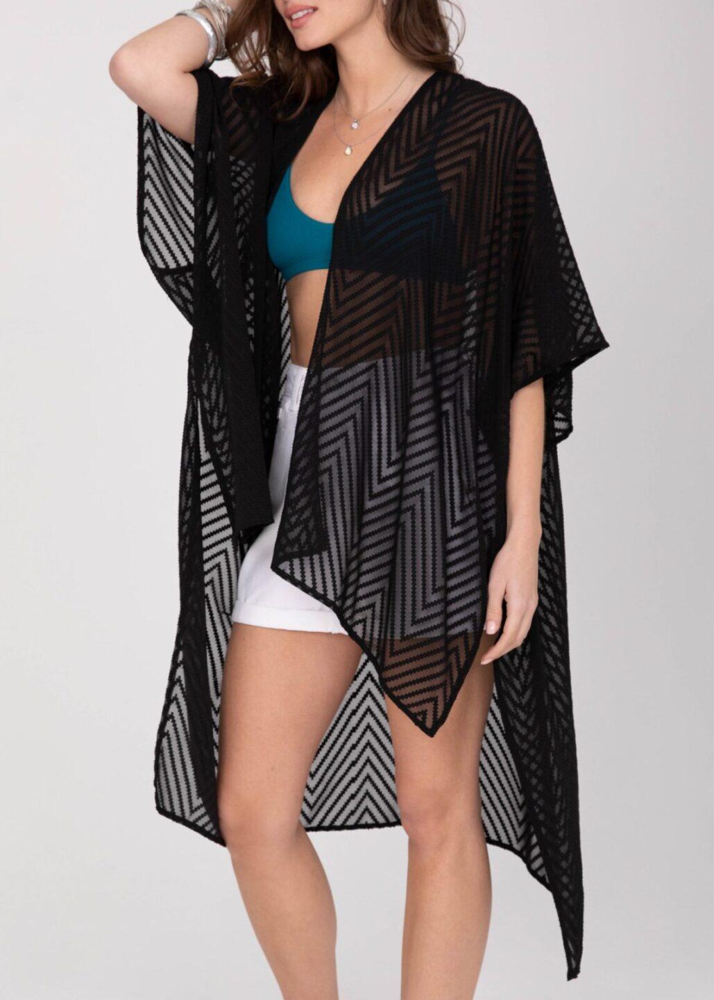 High Low Kimono Zig Zag Print Black