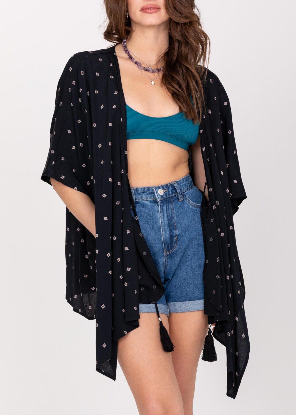 Floaty Kimono Cover Up in Diamond Print Black