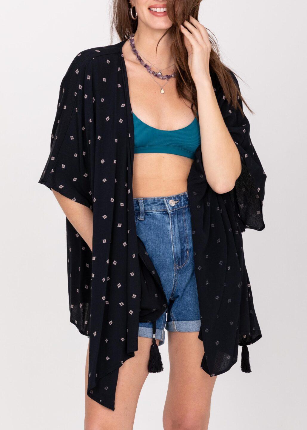 Floaty Kimono Cover Up in Diamond Print Black