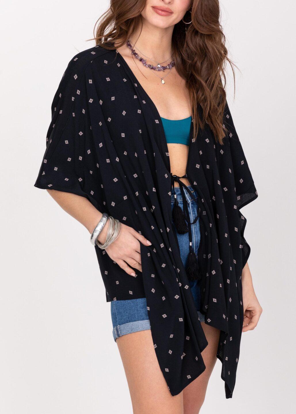 Floaty Kimono Cover Up in Diamond Print Black