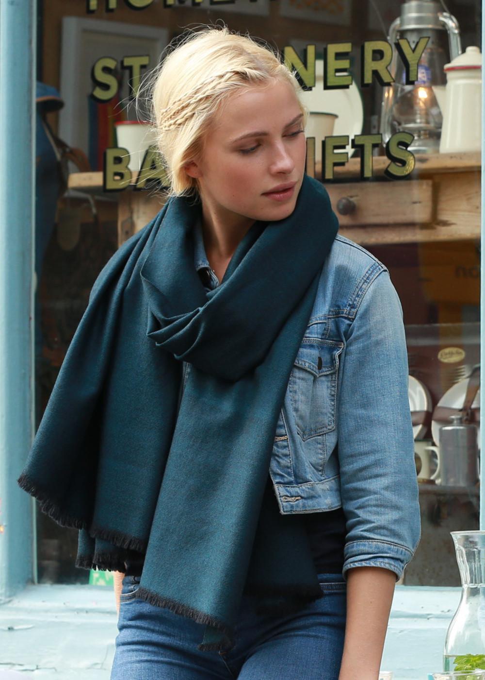 Ethically Handwoven Merino Wool Blanket Scarf in Teal Twill Mix