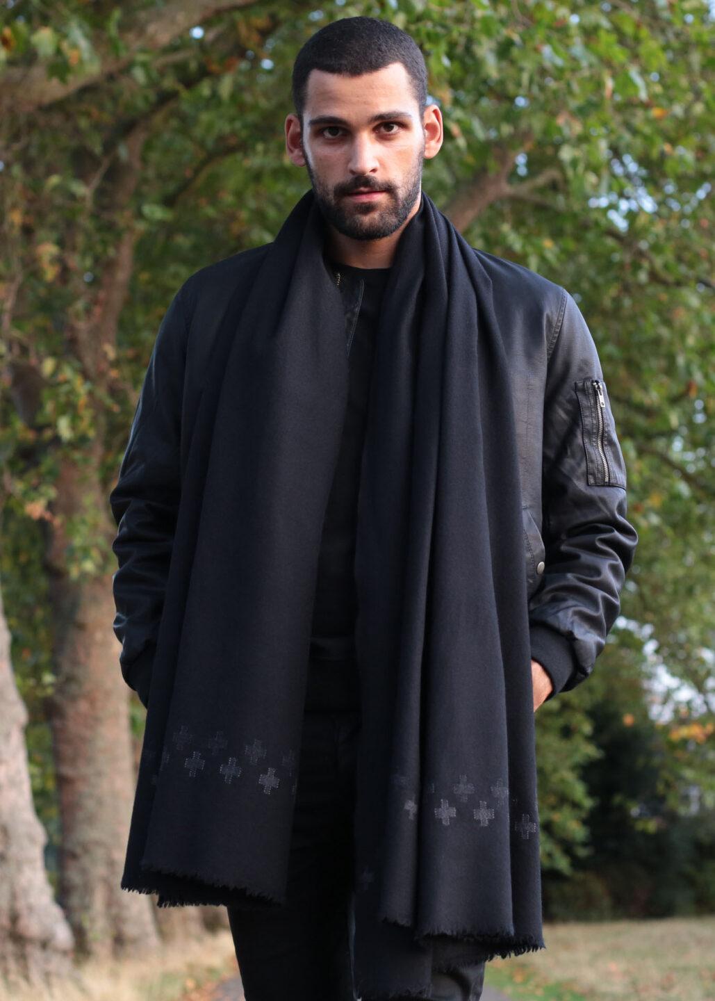 Handwoven Merino Wool Oversize Scarf in Black with Cross Motif