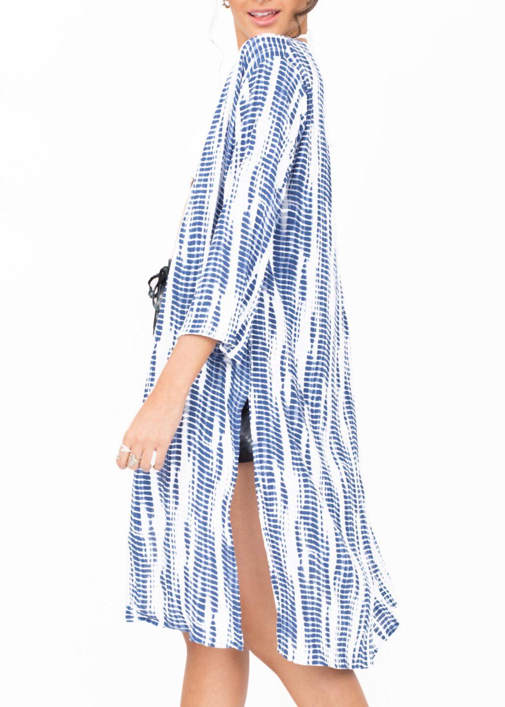 Summer Cover Up Crinkle Kimono Kaftan Tie Dye Blue