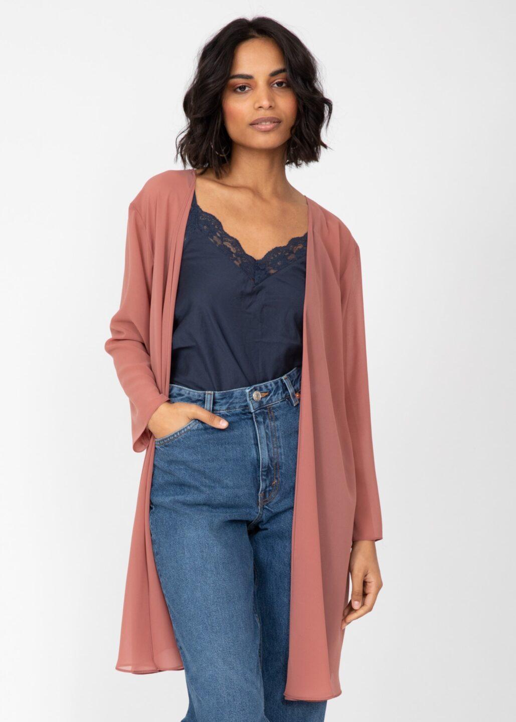 Elegant Longline Sheer Sleeves Cardigan in Rose Pink