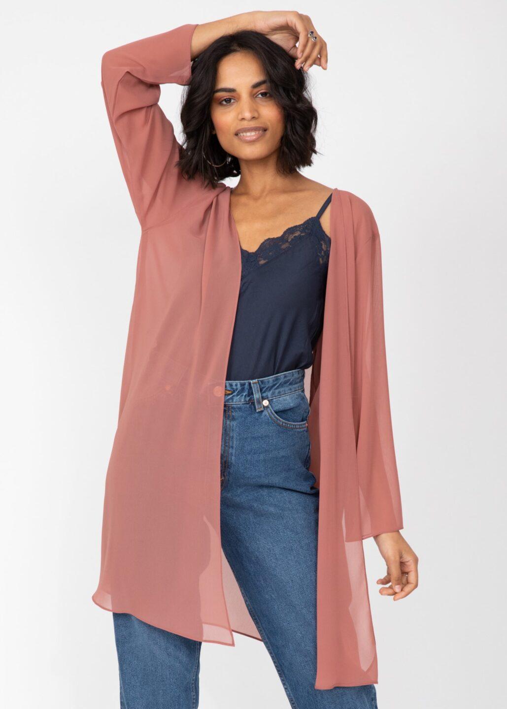 Elegant Longline Sheer Sleeves Cardigan in Rose Pink