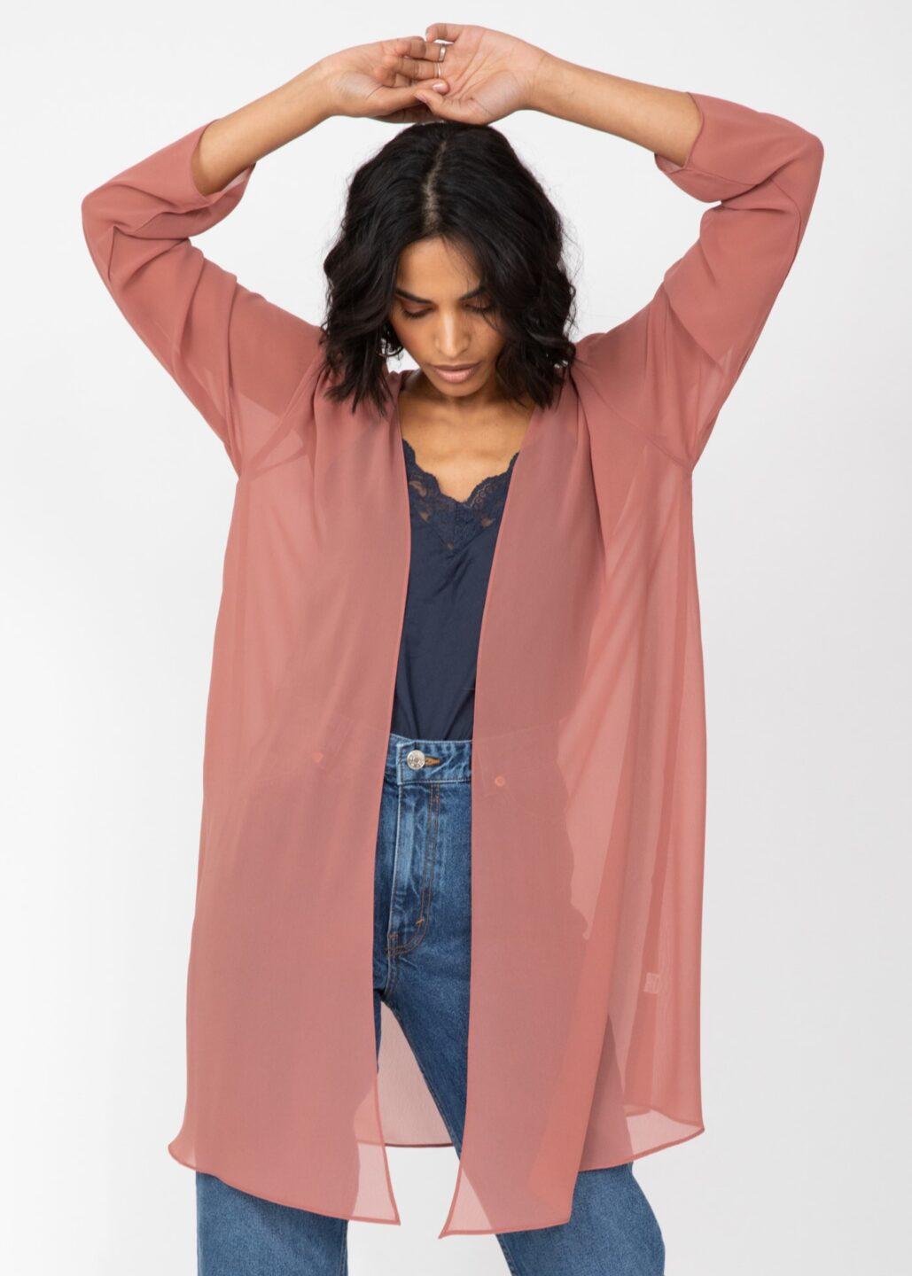 Elegant Longline Sheer Sleeves Cardigan in Rose Pink