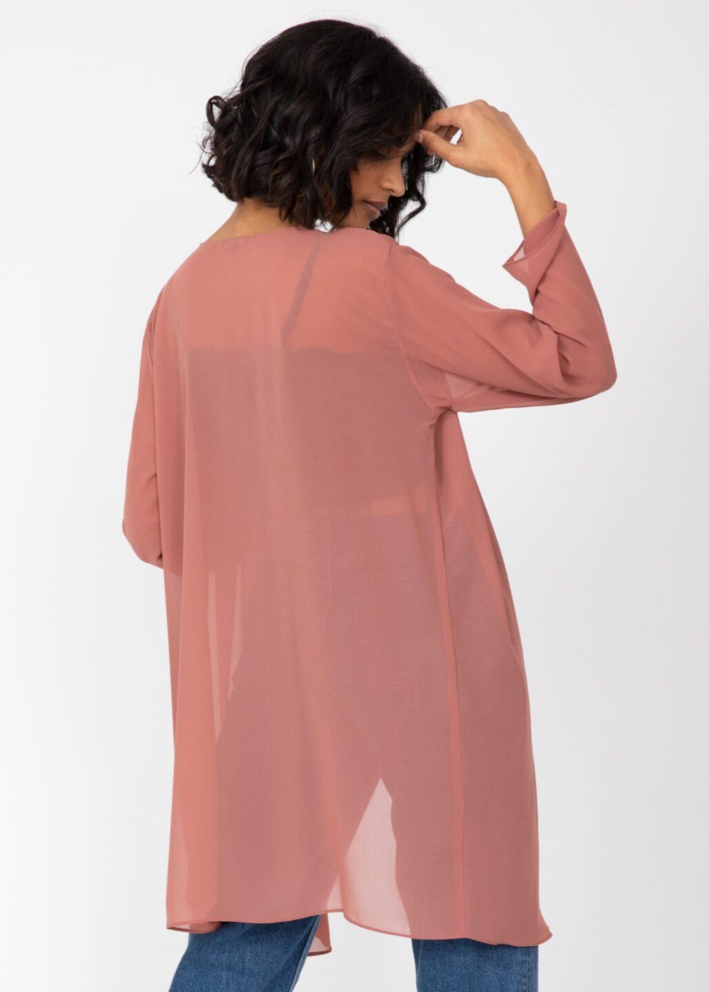 Elegant Longline Sheer Sleeves Cardigan in Rose Pink