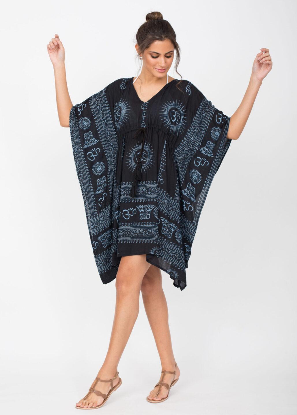 Beach Cover Up Kaftan in Ohm Print Black