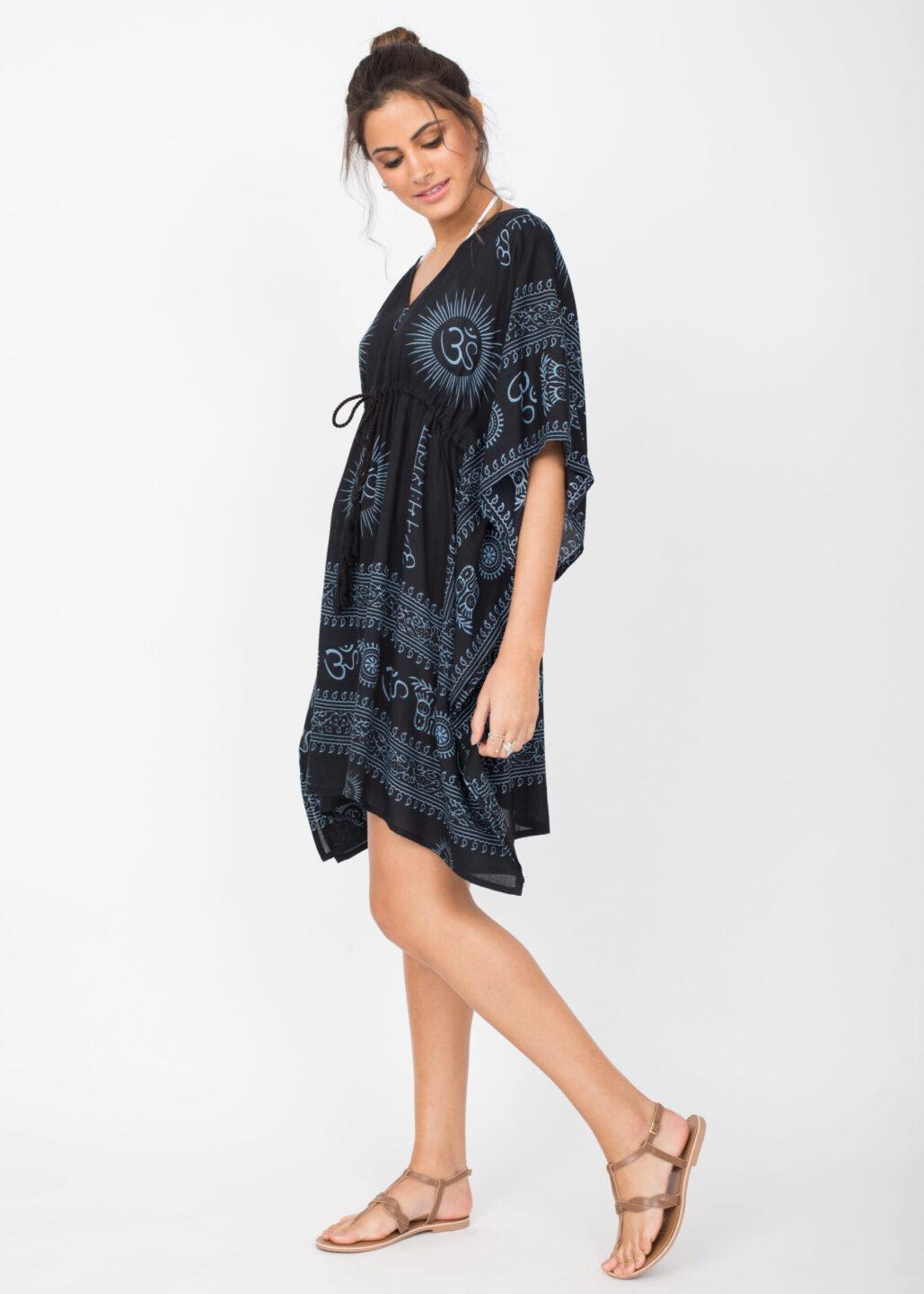 Beach Cover Up Kaftan in Ohm Print Black