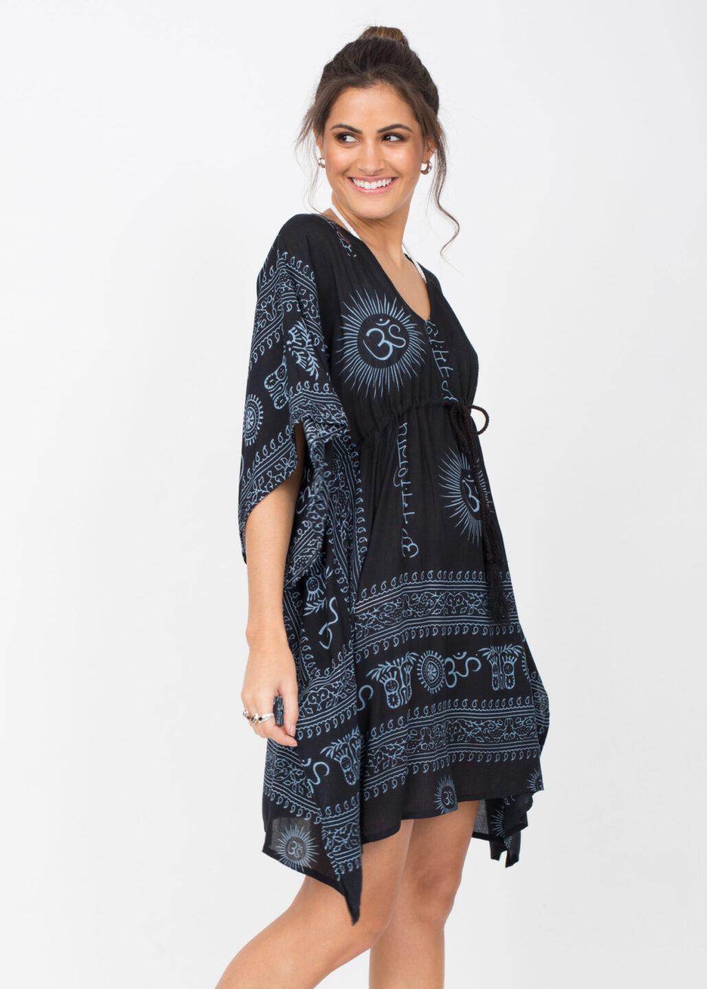 Beach Cover Up Kaftan in Ohm Print Black