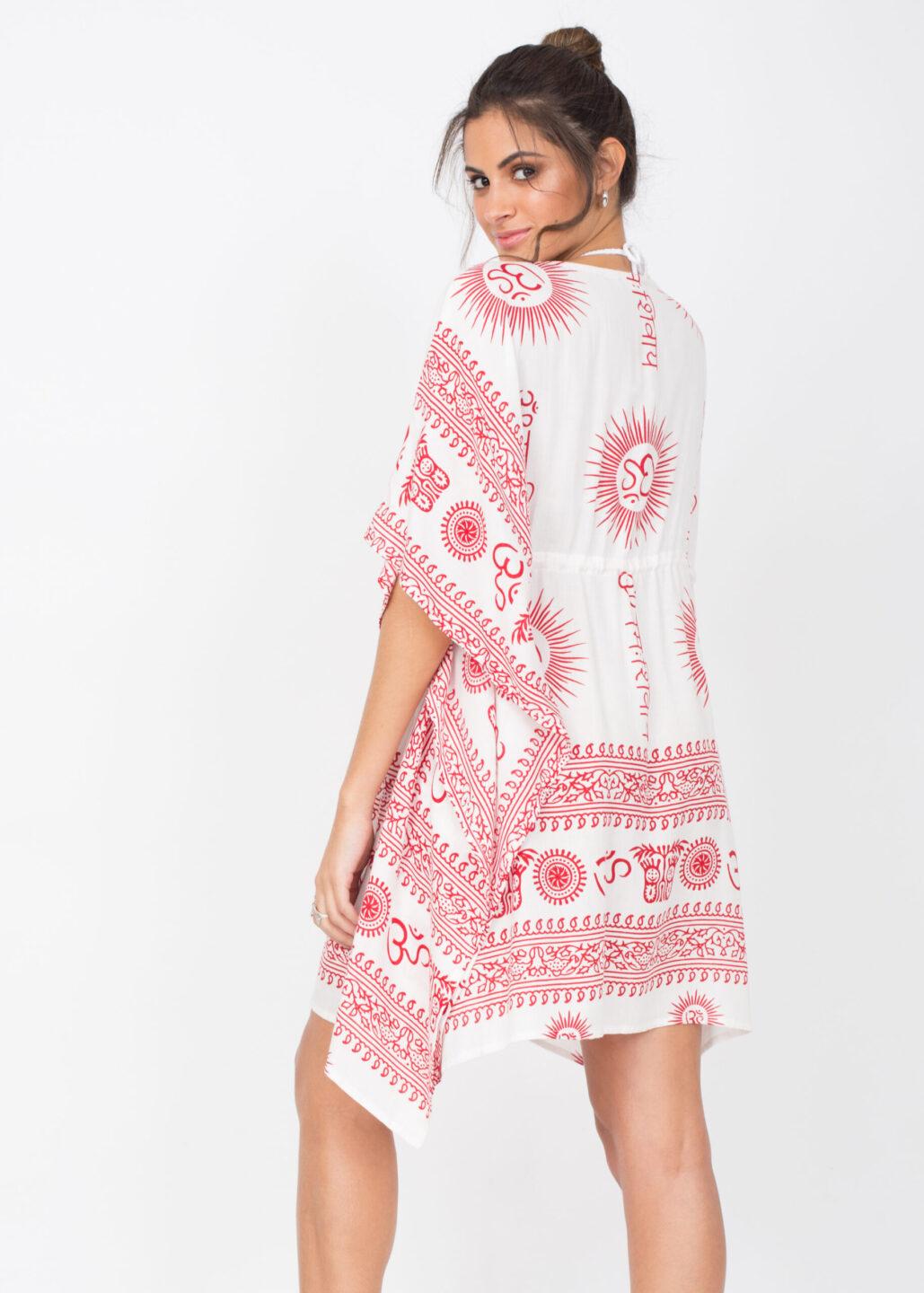 Beach Cover Up Kaftan in Ohm Print White