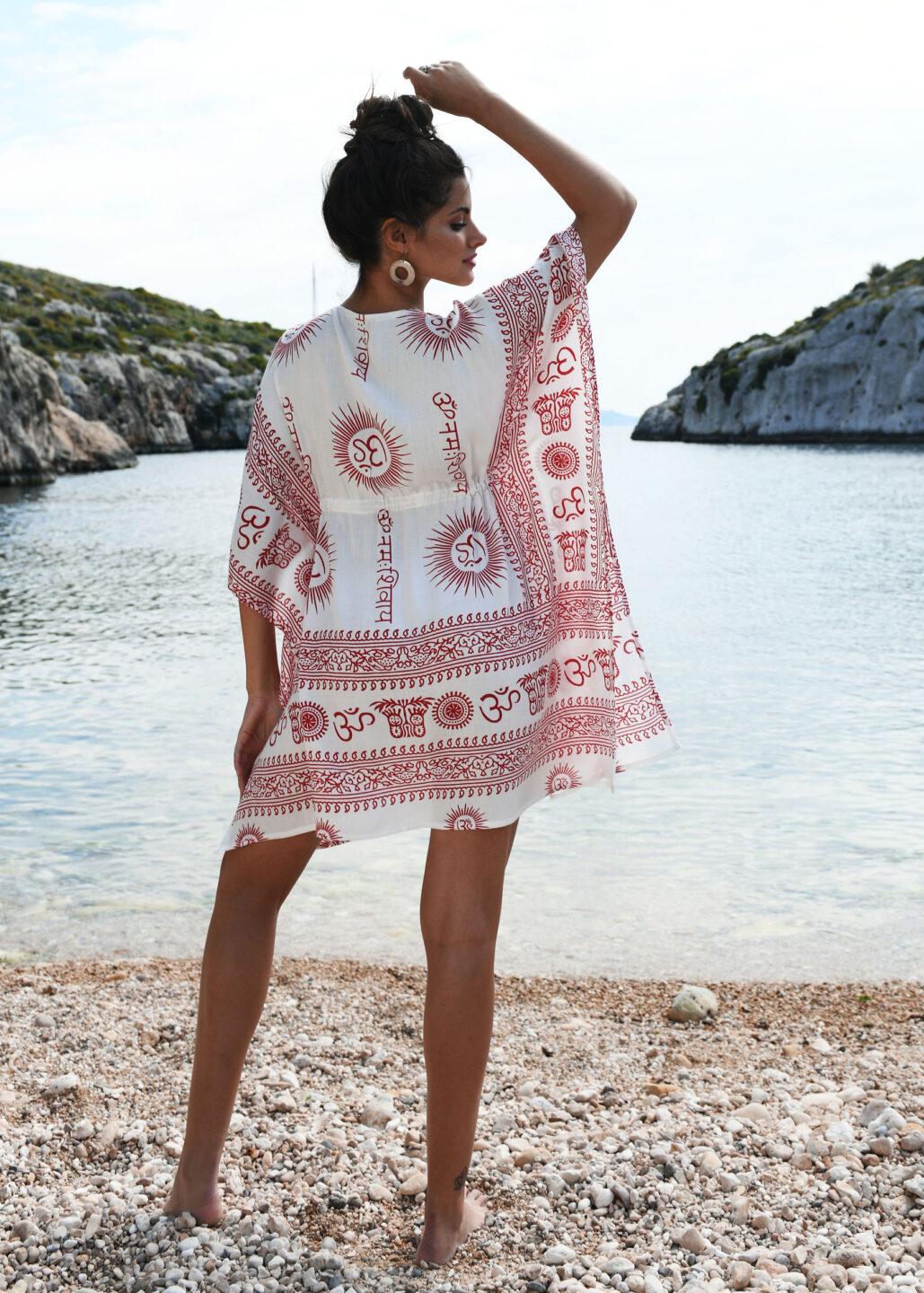 Beach Cover Up Kaftan in Ohm Print White