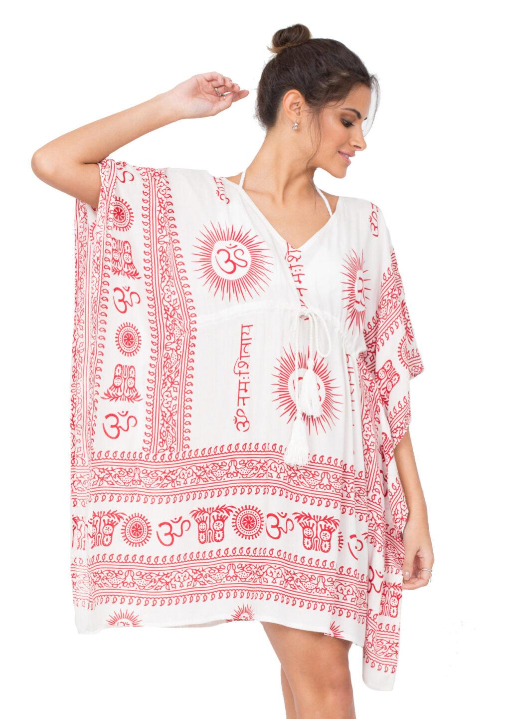 Beach Cover Up Kaftan in Ohm Print White