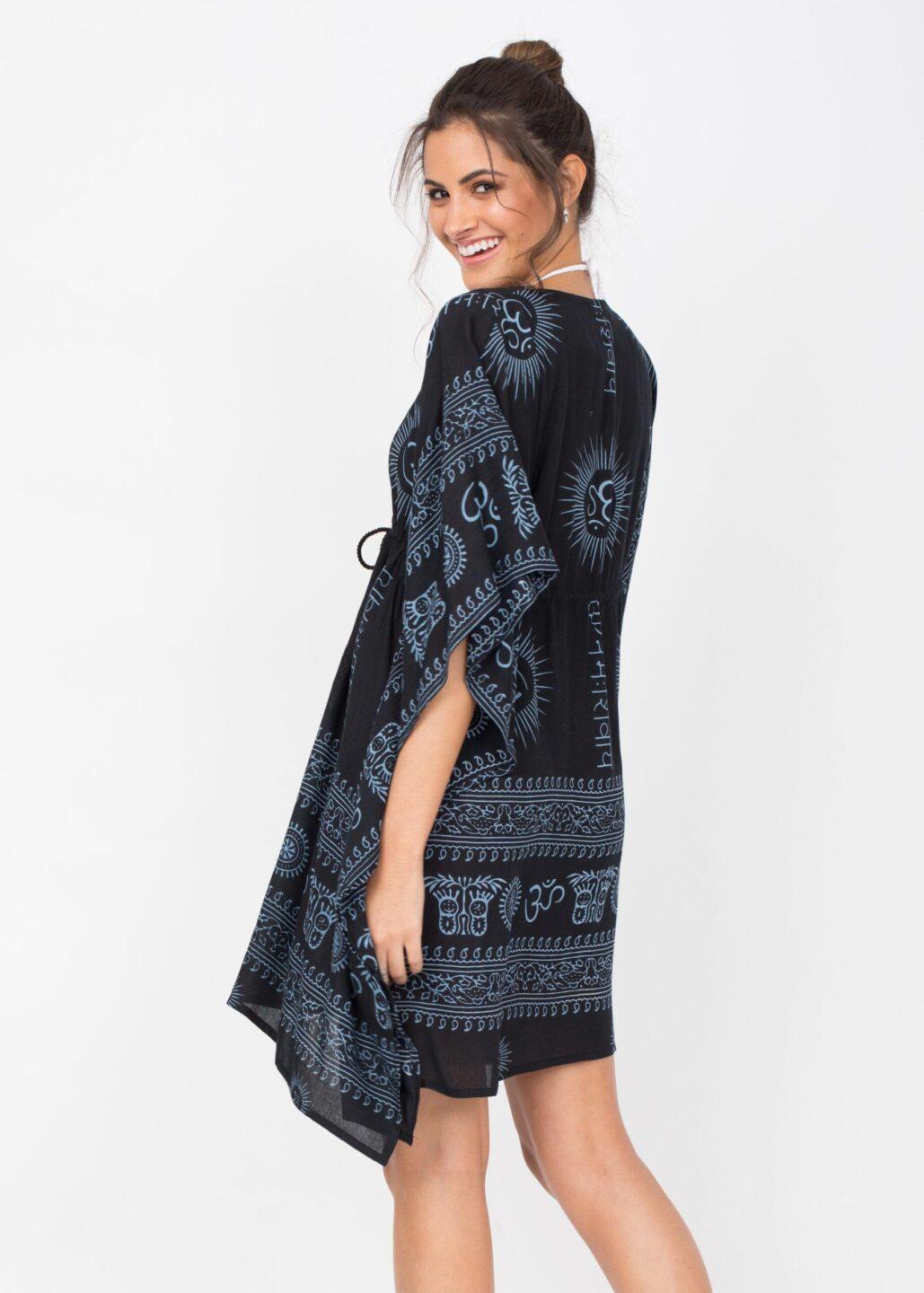 Beach Cover Up Kaftan in Ohm Print Black